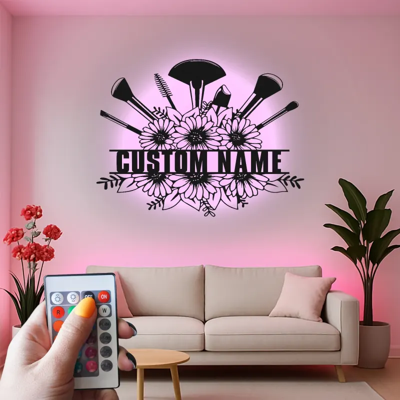 Panneau maquilleuse sur mesure | Décoration murale florale LED en métal | Décor personnalisé pour salon de beauté | Logo coiffeuse
