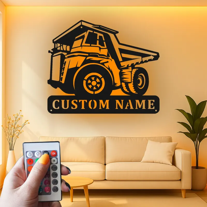 Insegna in metallo LED a forma di camion ribaltabile personalizzata - Regalo per appassionati di costruzione - Decorazione per garage o ufficio