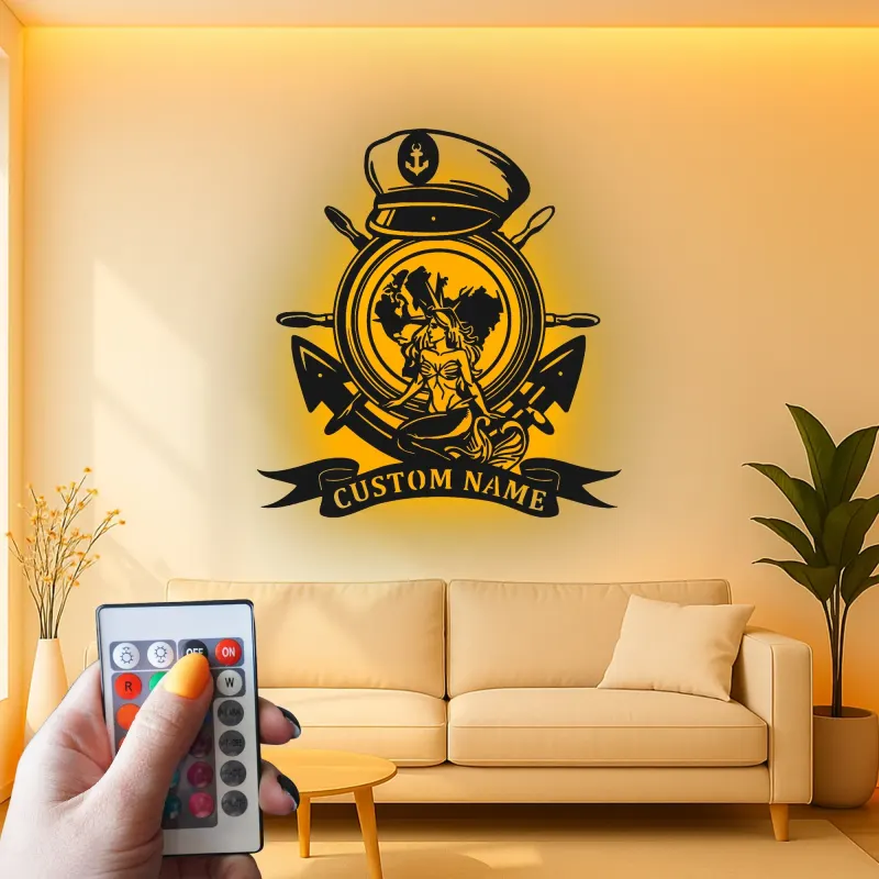 Panneau ancre sirène nautique | Décoration murale en métal LED personnalisée | Cadeau marin pour décor de maison de plage