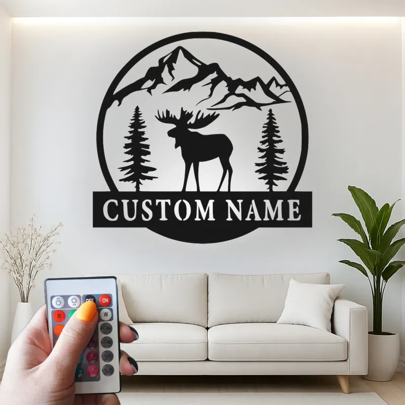 Panneau en métal personnalisé avec élan | Décoration murale LED pour chalet | Cadeau rustique de lodge et de chasseur