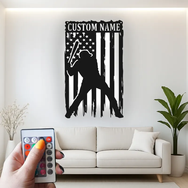Décoration murale en métal personnalisée joueur de baseball avec rétroéclairage LED