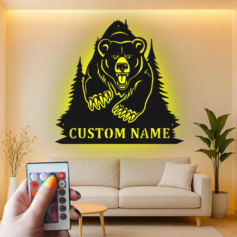Insegna in metallo personalizzata con orso retroilluminato, regalo di fauna selvatica per amanti della natura, decorazione per cabina