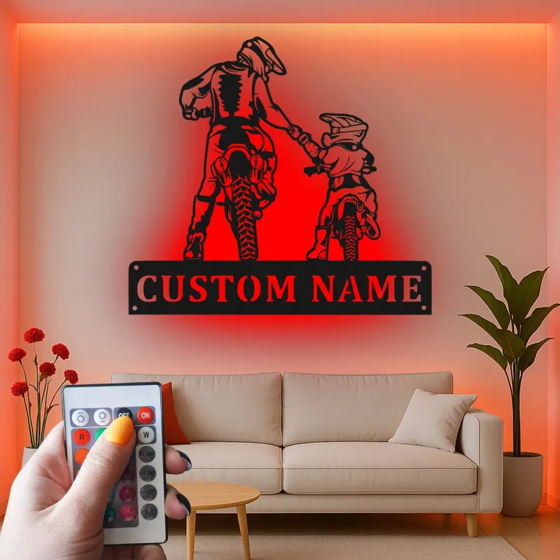 Cartel de metal personalizado con luz LED para padre e hijo motocross, regalo único para papá, decoración para garaje o man cave