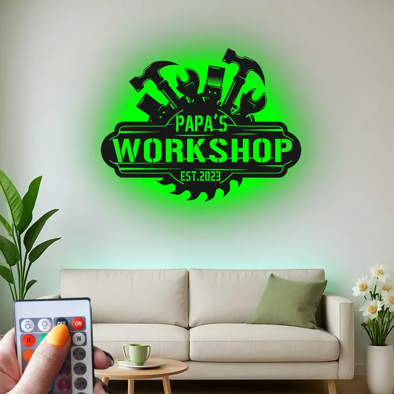 Personalisierte Papa's Werkstatt LED-Licht Metall-Wandkunst für den Handwerker