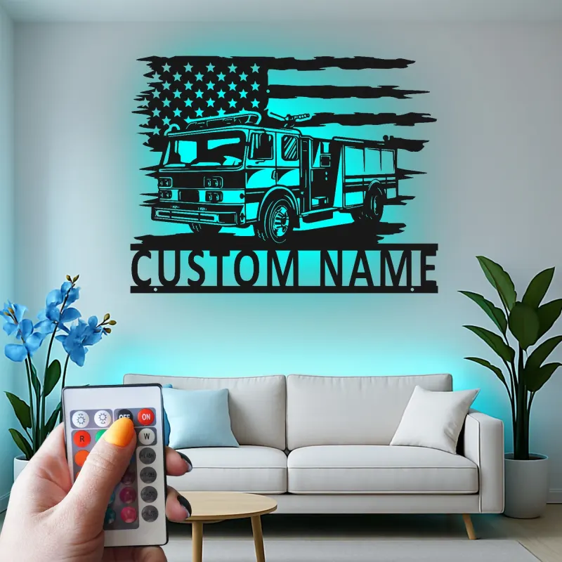 Insegna in Metallo Personalizzata per Vigile del Fuoco | Arte da Parete con LED per Camion dei Pompieri | Regalo per Vigile del Fuoco | Decorazione per Stazione dei Vigili del Fuoco