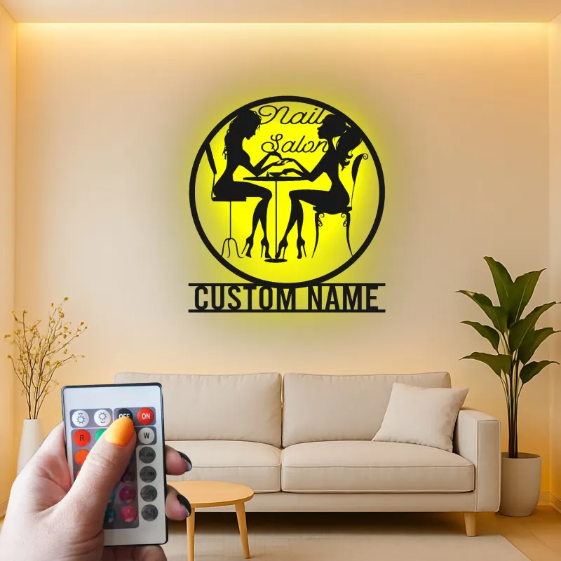 Cartel personalizado para salón de uñas | Decoración mural LED de metal para estudio | Silueta retroiluminada personalizada de técnica de uñas | Rotulación elegante para negocios