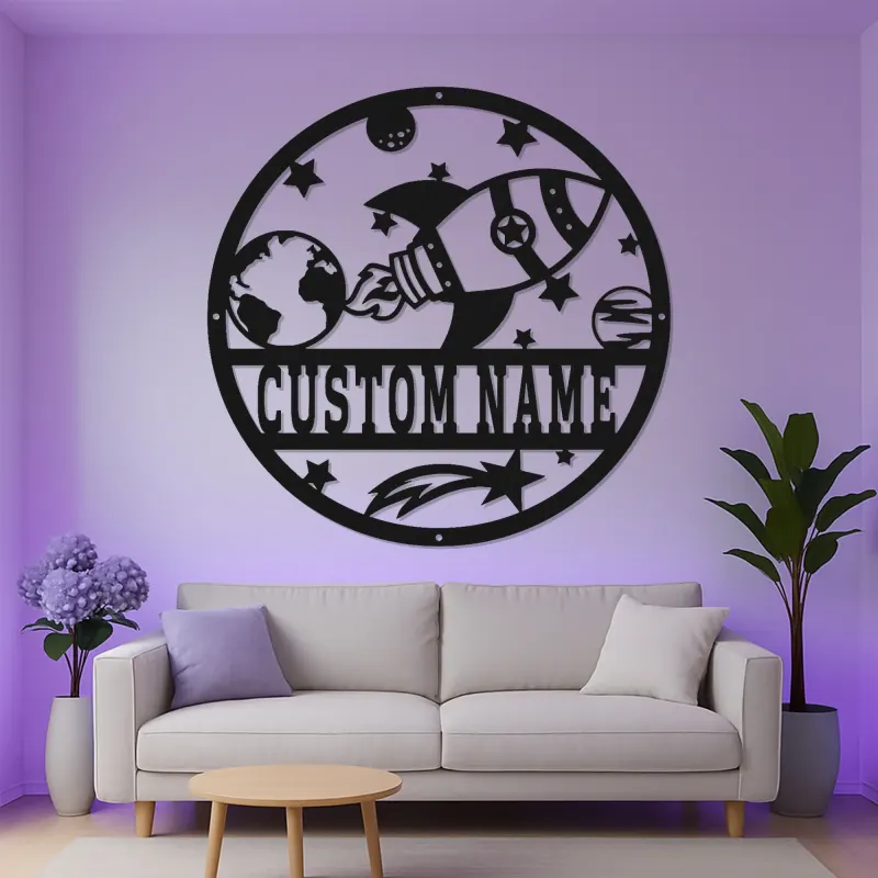 Panneau Personnalisé de Fusée Spatiale | Art Murale en Métal avec Nom Personnalisé | Décor Rétroéclairé Espace pour Chambre d'Enfant | Cadeau de Nurserie Astronaute