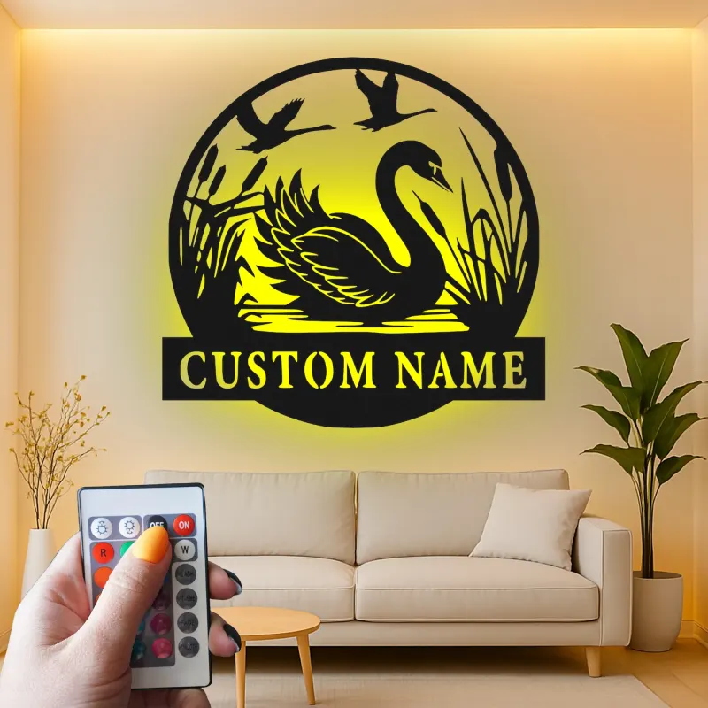 Insegna in metallo LED personalizzata con cigno, regalo per amanti della natura per decorare la camera da letto o il soggiorno