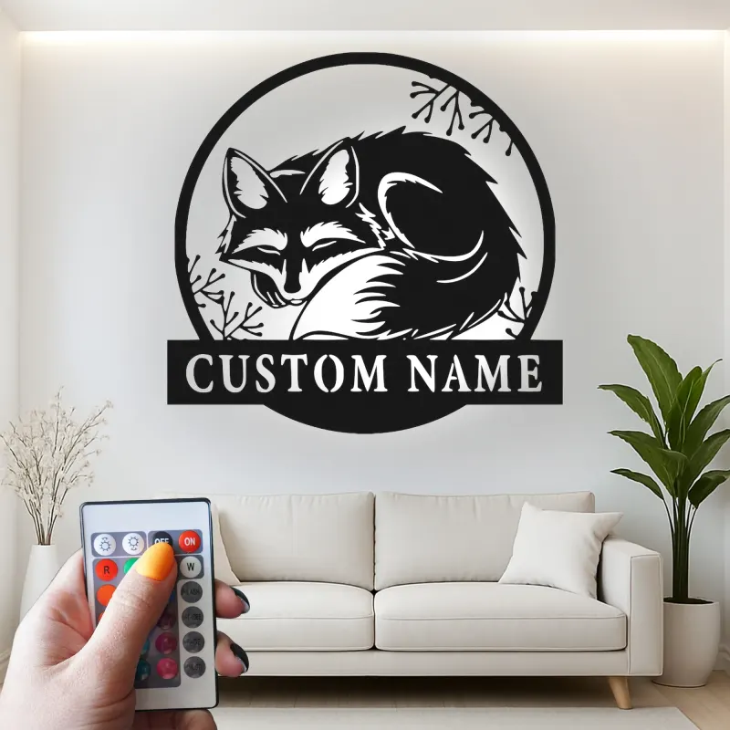 Insegna in metallo LED personalizzata con volpe | Decorazione boschiva su misura per cameretta e baita | Regalo per amanti degli animali