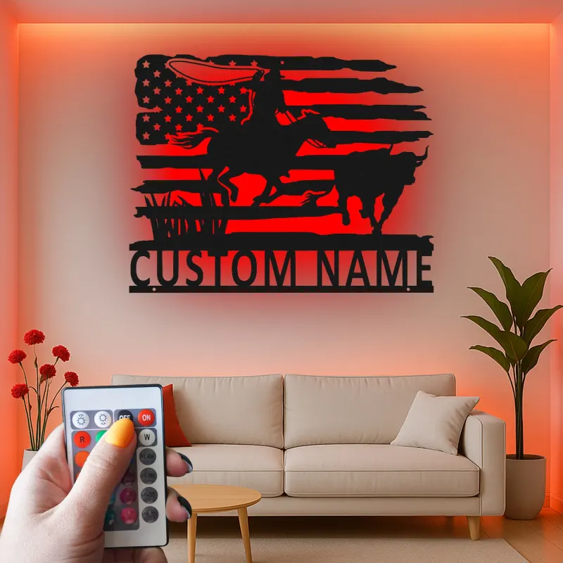 Cartel de metal personalizado con luz LED de vaquero rodeo, regalo western para él, decoración rústica de rancho
