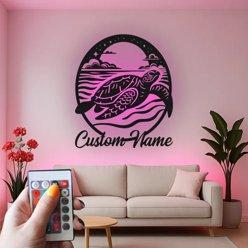 Art Murale en Métal Tortue de Mer LED | Panneau de Nom Personnalisé | Décor Nautique de Plage | Silhouette de Faune Marine sur Mesure
