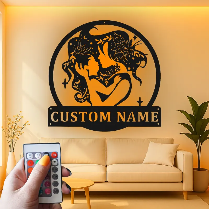 Silueta personalizada de madre e hijo | Decoración mural de metal LED | Decoración personalizada para habitación infantil y regalo para nueva mamá