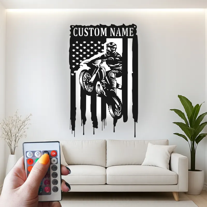 Personalized Motocross Metal Sign | LED American Flag Wall Art | Custom Dirt Bike Decor for Garage, Man Cave & Race Fans