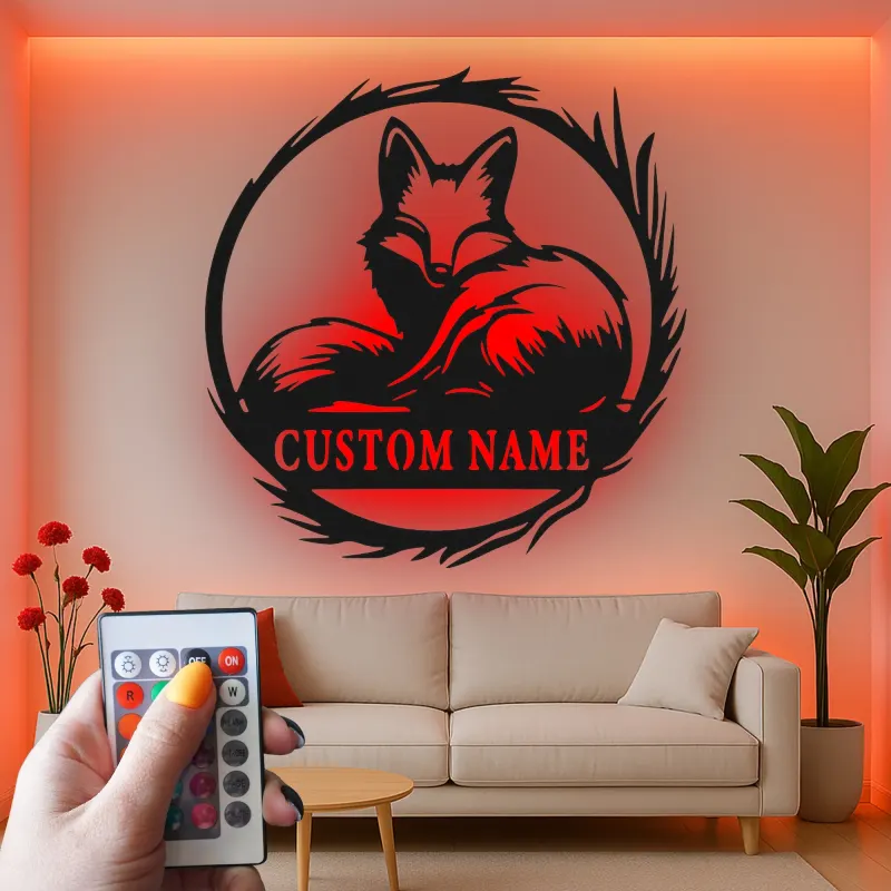 Enseigne renard LED en métal sur mesure | Décoration murale faune personnalisée | Décor rustique avec prénom pour chalet ou maison | Cadeau pour amoureux de la nature