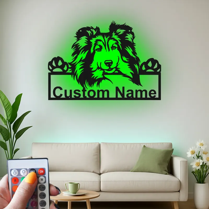 Décoration murale en métal personnalisée pour chien Shetland LED - Cadeau pour maman chien - Décor pour animaux de compagnie