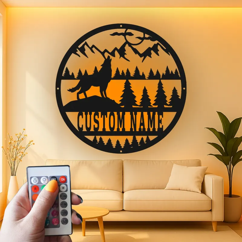 Custom Wolf Mountain Scene Led Light Metal Wall Art Personalized Gift for Nature Lovers Rustic Cabin Decor 1