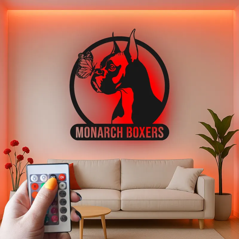 Insegna in metallo personalizzata con cane Boxer e farfalla luce LED regalo unico per amanti dei cani decorazione per soggiorno