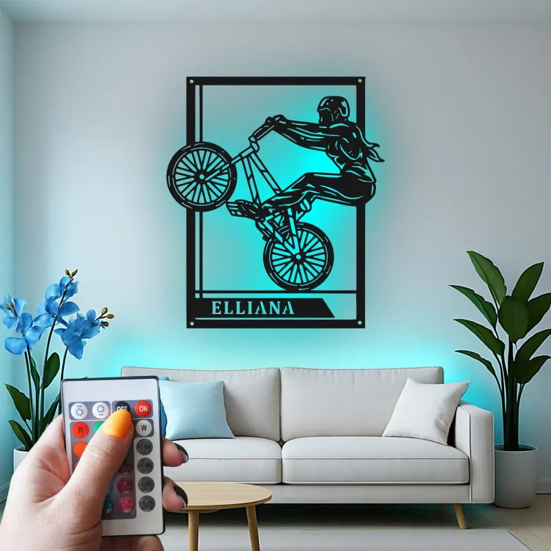 Insegna in metallo LED personalizzata per ciclisti con BMX Rider - Regalo per ciclisti, decorazione per garage o camera da letto