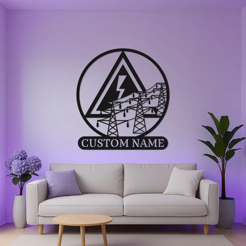 Art mural en métal LED d'électricien | Enseigne personnalisée de lineman avec lignes électriques | Décor industriel personnalisé pour bureau et garage