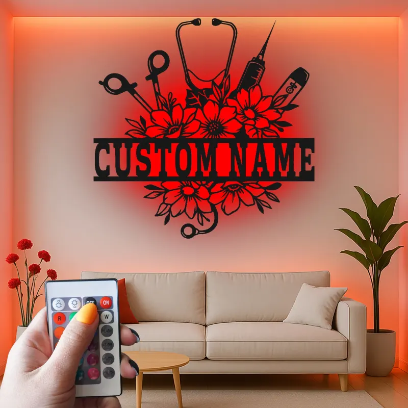 Personalisierte Krankenschwester-Schild mit LED-Licht | Metall-Wandkunst | Florales Stethoskop-Dekor für Klinik & Büro | Geschenk für Pflegekräfte