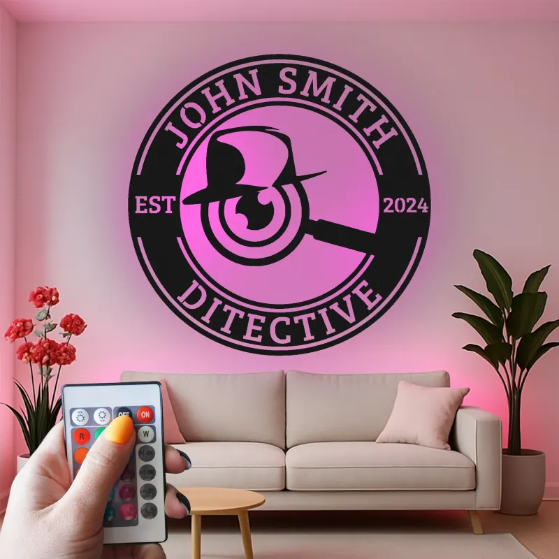 Cartel de metal LED de placa de detective, regalo único para amantes del misterio, decoración de oficina o estudio