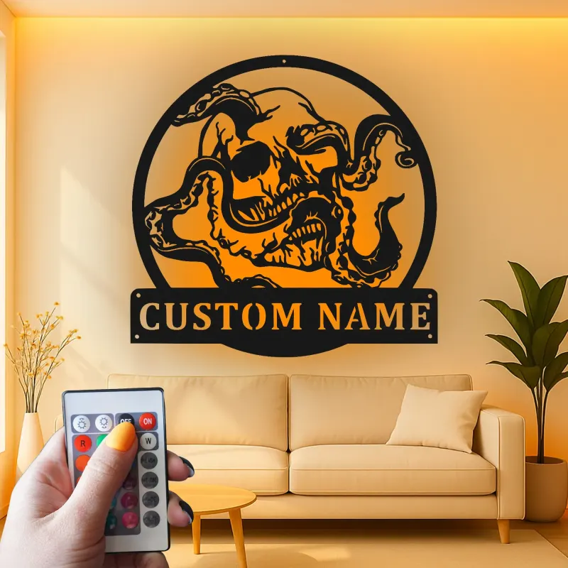 Panneau en métal LED Crâne & Pieuvre | Décoration murale personnalisée | Décor gothique nautique pour chambre de pirate, bar ou homme cave