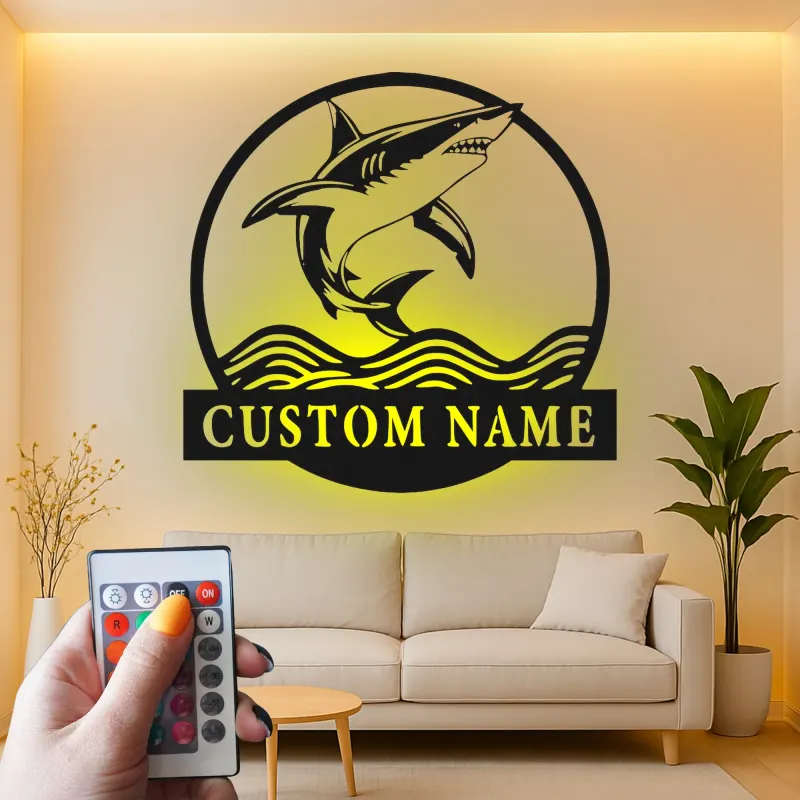 Enseigne en métal requin blanc personnalisée | Décoration murale LED prédateur des océans | Décor de maison de plage personnalisé pour passionnés de requins