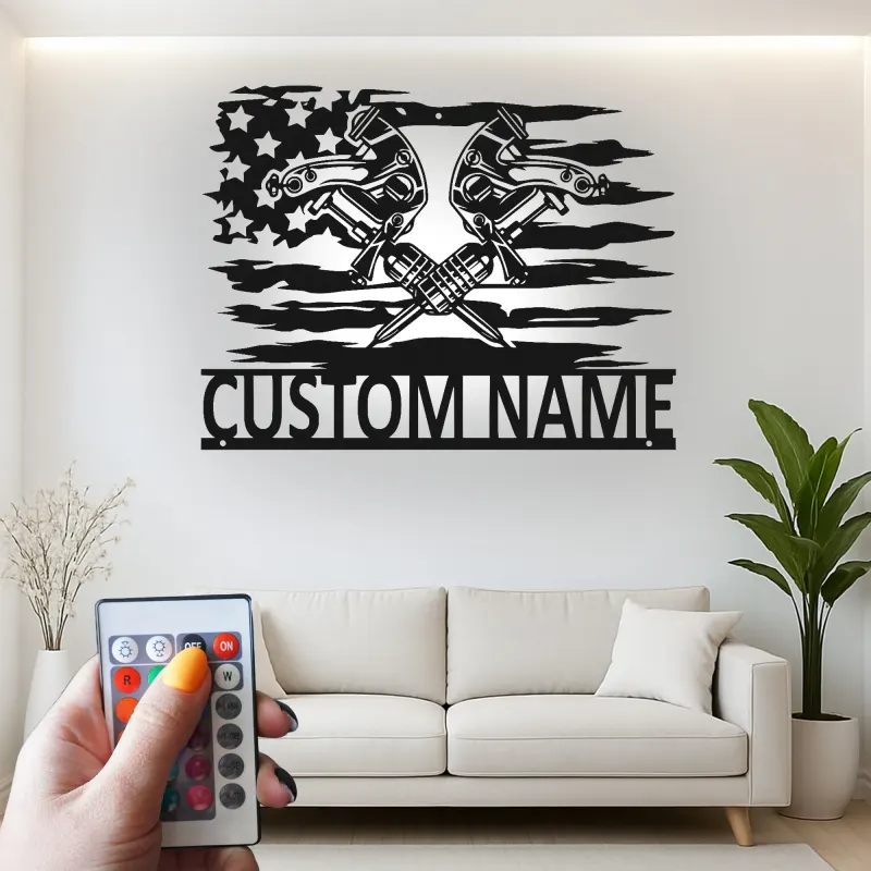 Décoration murale en métal personnalisée avec clés à molette et drapeau américain rétroéclairé - Cadeau pour mécanicien