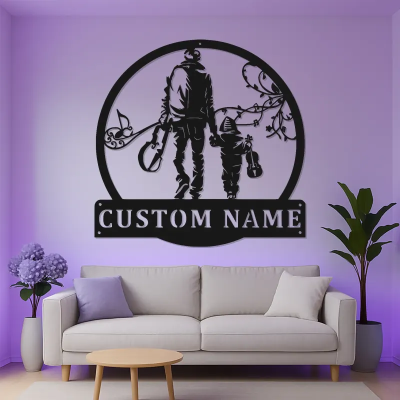 Insegna Personalizzata per Chitarra | Arte in Metallo LED per Padre e Figlio | Decorazione per Stanza Musicale | Regalo per Musicista per Papà