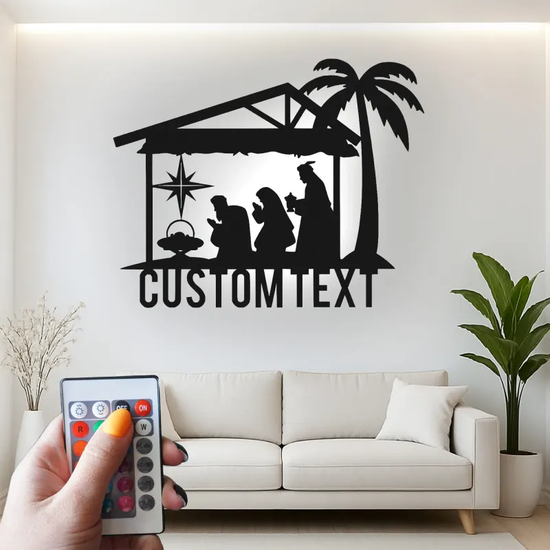 Panneau LED personnalisé de crèche | Art mural en métal pour Noël | Décor religieux de fête | Idée cadeau pour famille chrétienne
