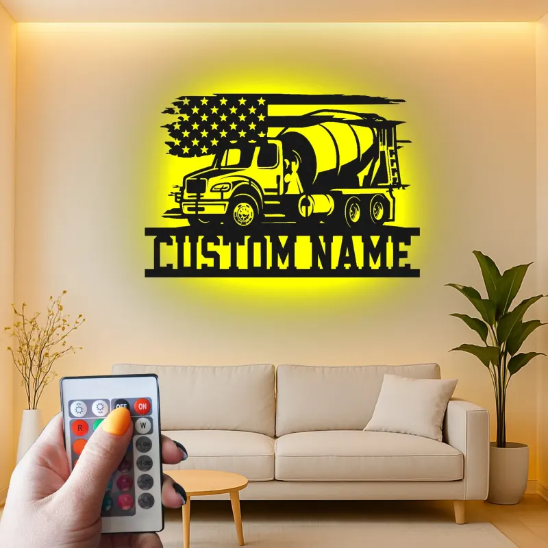 Insegna in metallo personalizzata con luce LED a forma di camion betoniera regalo per lavoratori edili decorazione per garage o ufficio
