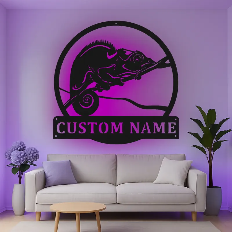 Insegna in metallo personalizzata con luce LED a forma di camaleonte, regalo unico per amanti dei rettili, decorazione per camera da letto