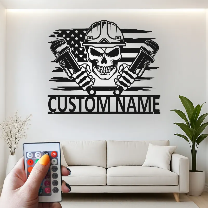 Custom Plumber Skull Metal Sign | LED Light Wall Art with American Flag | Personalized Gift for Plumbers, Workshop, or Garage Decor