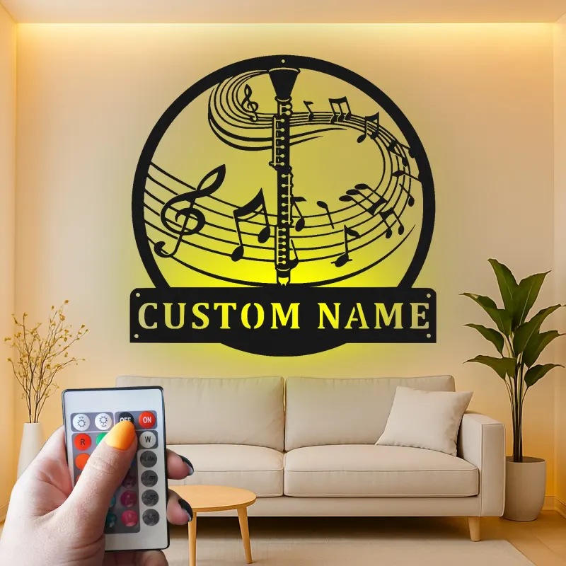 Cartel de metal personalizado de clarinete | Señal LED personalizada para estudio de música | Decoración de instrumentos cortada con láser | Regalo único para músico