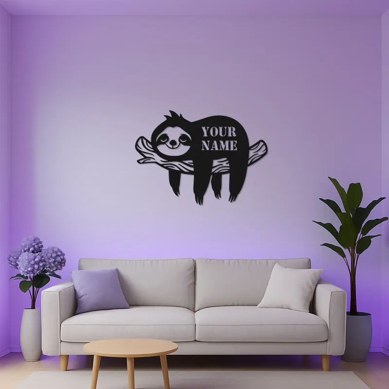 Cartel LED de nombre de perezoso personalizado | Arte mural de metal cortado con láser | Decoración personalizada para guarderías | Cartel iluminado de animal lindo para habitación infantil