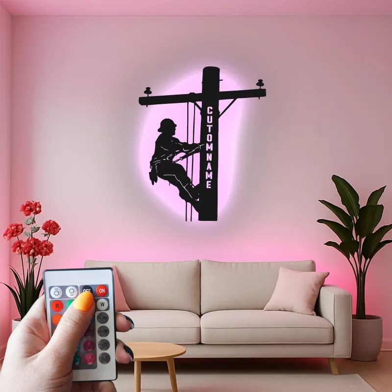 Lineman LED Metall-Wandkunst | Personalisierte Elektriker Geschenk | Individuelles Utility Worker Silhouette Schild mit RGB-Lichtern