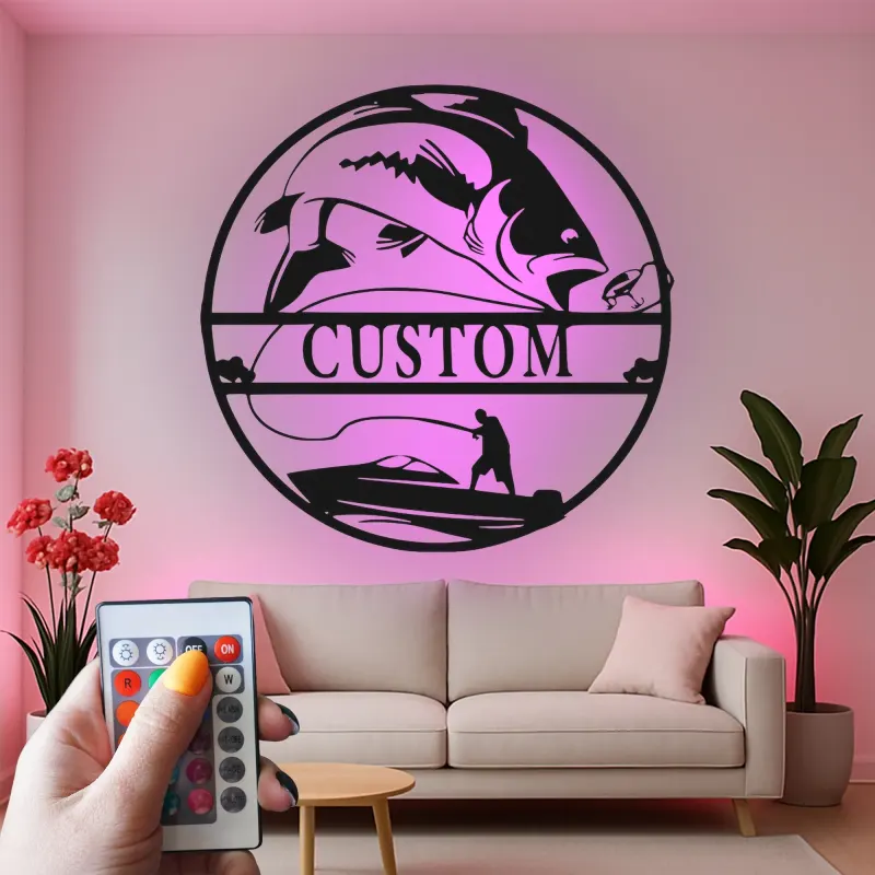 Arte murale in metallo da pesca su misura | Insegna LED personalizzata per pescatore | Arredo per casa al lago e regalo per angler