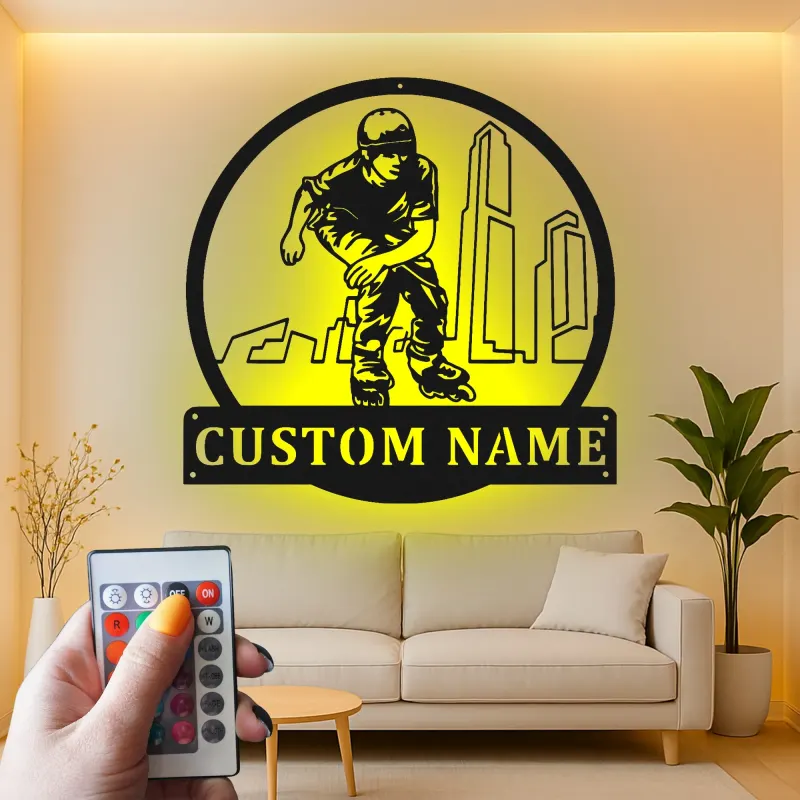 Cartel personalizado con nombre para patinador | Decoración mural LED de metal para patinaje en línea | Decoración personalizada para habitación juvenil | Regalo de patines con paisaje urbano