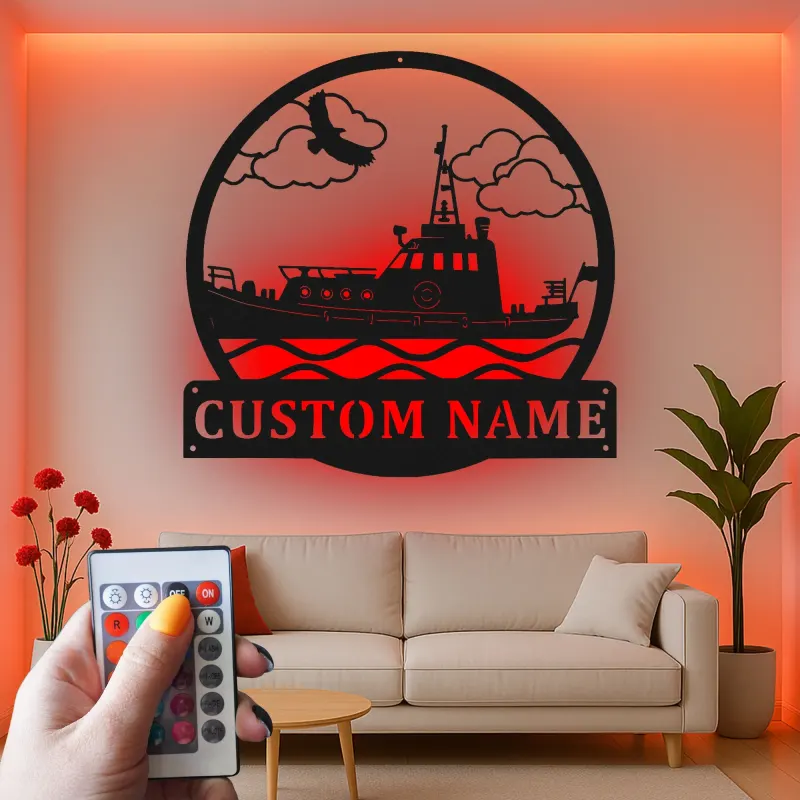 Décoration murale en métal personnalisée Remorqueur avec rétroéclairage LED Cadeau nautique pour les amoureux de bateaux Décor maritime personnalisé pour la maison