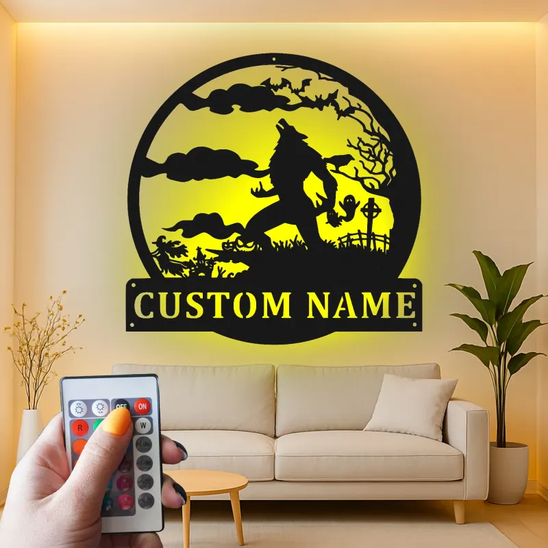 Décoration murale en métal personnalisée avec silhouette de loup-garou, lumière LED, cadeau d'Halloween pour les fans d'horreur, décoration d'intérieur effrayante