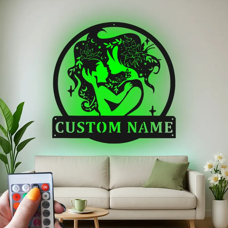 Silueta personalizada de madre e hijo | Decoración mural de metal LED | Decoración personalizada para habitación infantil y regalo para nueva mamá