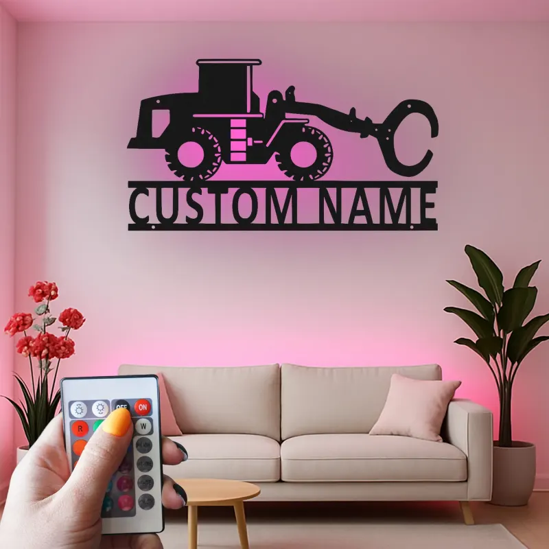 Cartel de Cargadora de Ruedas Personalizado de Metal | Decoración de Construcción LED | Arte Personalizado de Maquinaria Pesada para Regalo de Operador