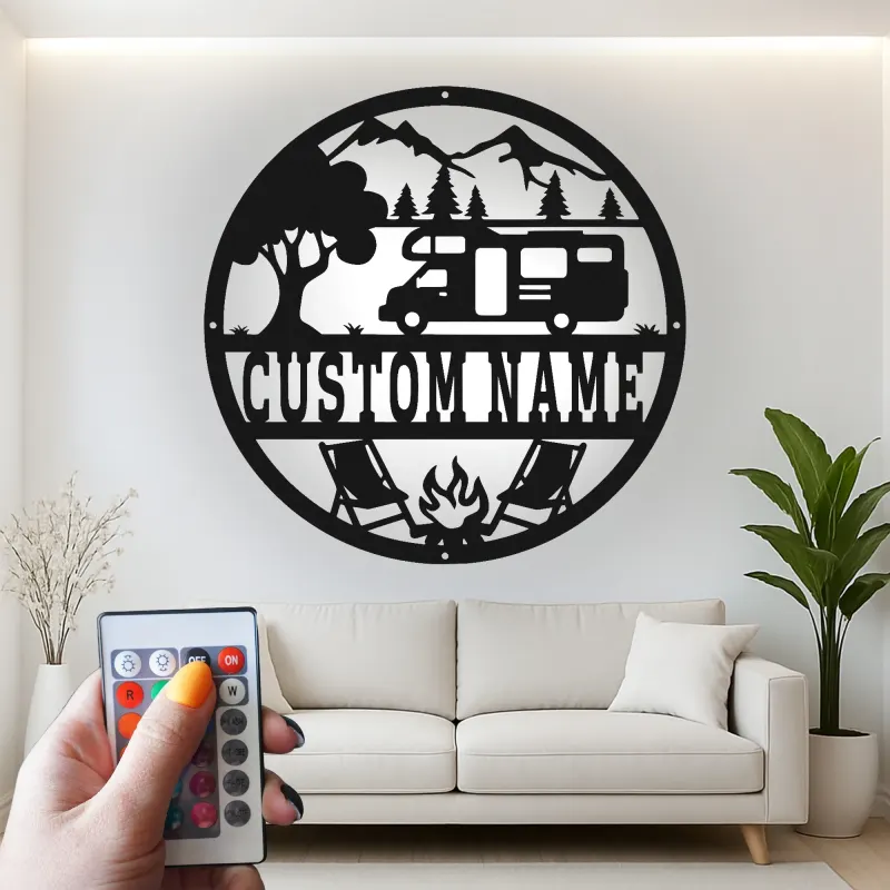 Insegna in metallo LED per campeggio RV personalizzata regalo per campeggiatori decorazione per avventure all'aperto