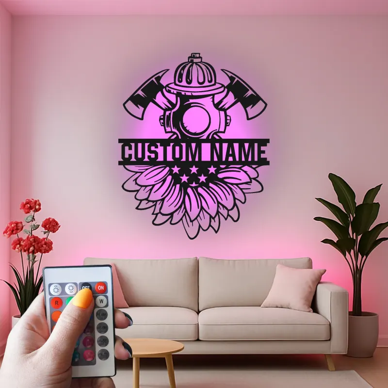 Custom Firefighter Metal Sign with LED | Personalized Fire Dept. Wall Art | Fireman Gift for Home or Station with Sunflower Decor