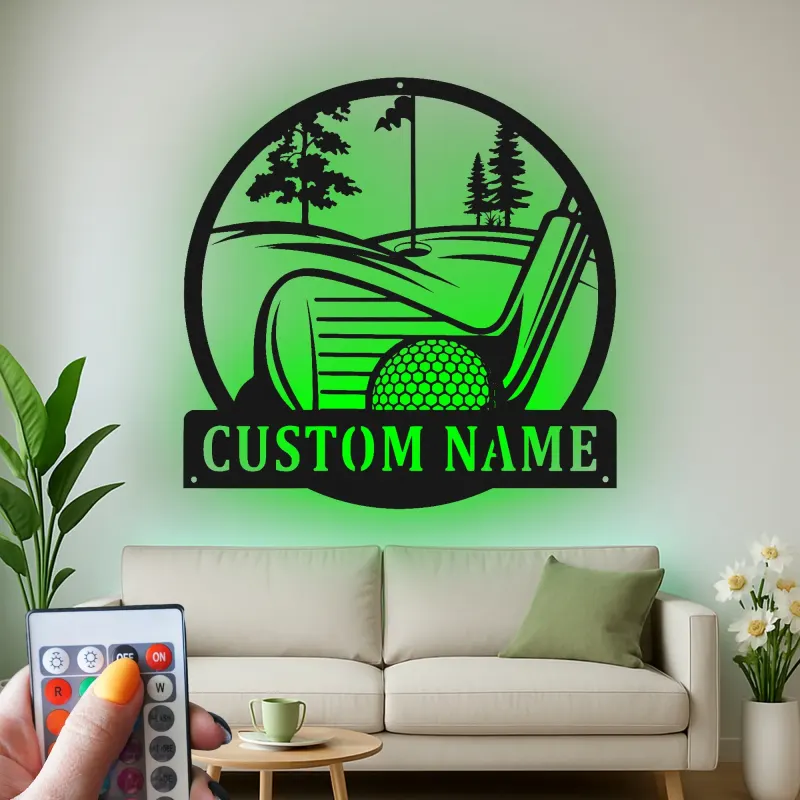 Panneau LED de golf personnalisé en métal | Décoration murale avec prénom de golfeur | Déco de cave à homme et bar à domicile | Cadeau unique pour lui