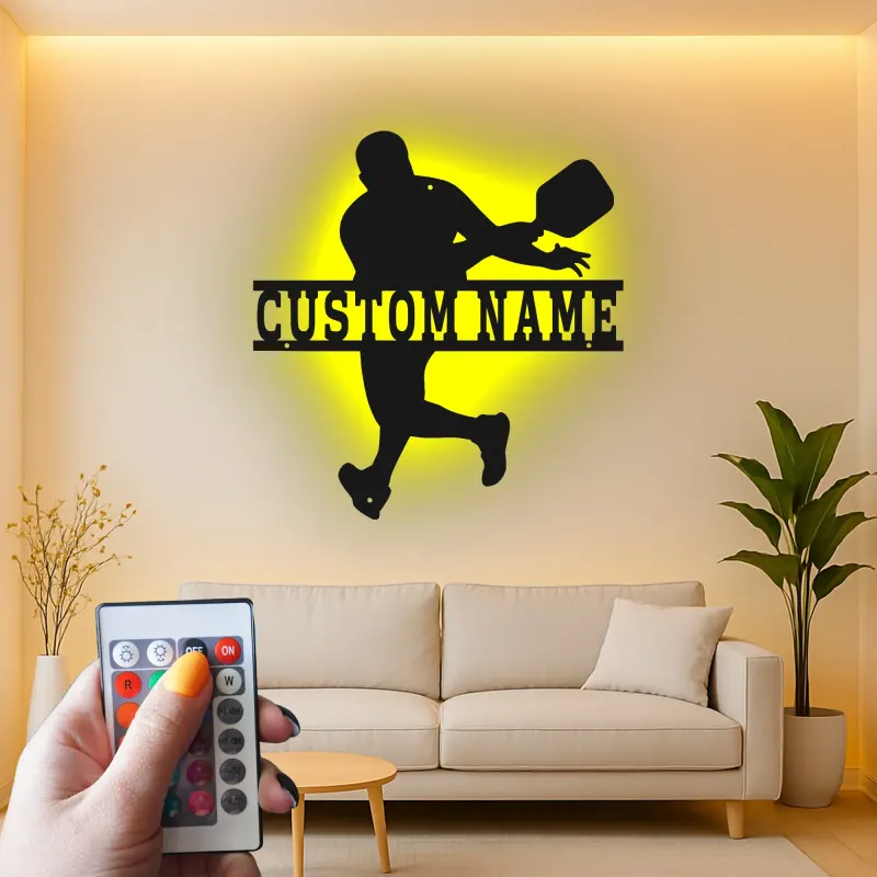 Pickleball Player LED Metal Art | Custom Name Sign | Sport Gift for Athlete | Game Room Decor