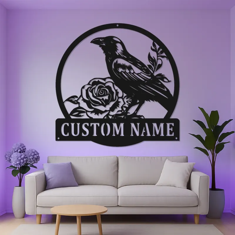 Individuelles Raben-Metallschild | Personalisierte gotische Rosen-Wandkunst | LED-beleuchtete Vintage-Vogel-Dekoration für Zuhause oder Büro
