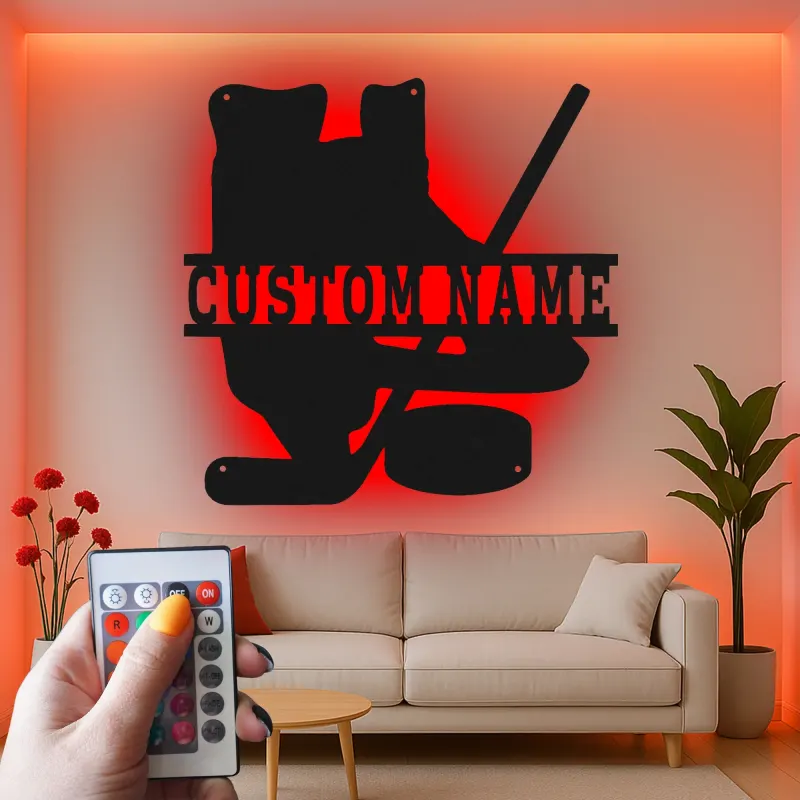 Cartel LED de hockey personalizado | Decoración mural de metal a medida para habitación de jugador | Regalo para aficionado al hockey sobre hielo | Decoración para cueva del hombre