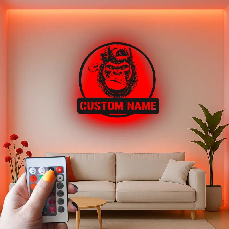 Decoración mural de metal LED con gorila | Cartel personalizado con nombre para sala de hombres | Decoración selvática y de fauna a medida para él