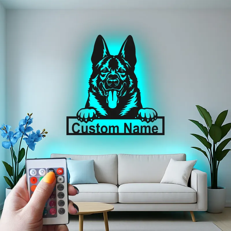 Insegna LED personalizzata con Pastore Tedesco | Arte da parete con nome del cane | Decorazione in metallo retroilluminata per ingresso | Regalo per amanti dei cani